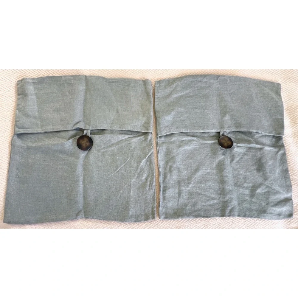 Pottery Barn 100% Linen Pillow Covers Pair Light Blue Gray Button 19x17 22780
